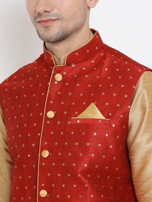 Vastramay Men's Maroon Zari Weaved Jacket With Kurta Dhoti Set